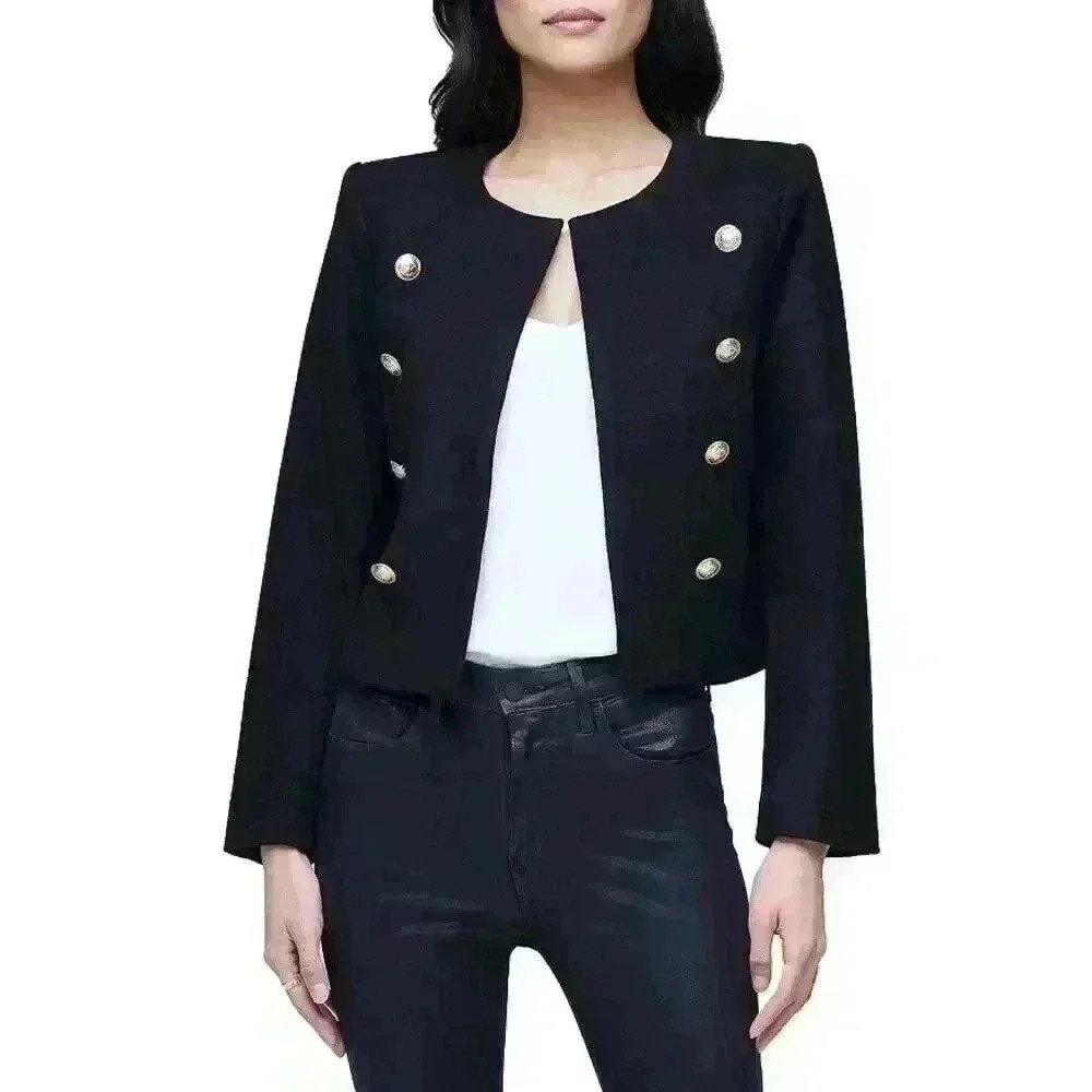 New L'AGENCE Black Military Cropped Collarless Blazer Size 6
